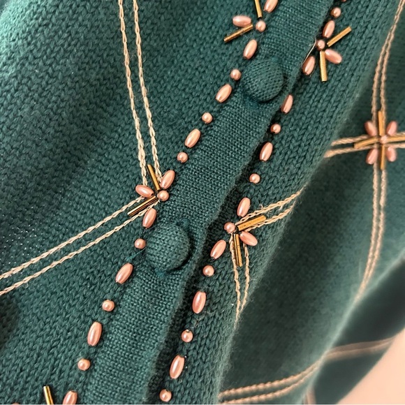SUSAN BRISTOL Vintage Hand Beaded Embroidered Windowpane Grid Cardigan Sweater L - Picture 8 of 11